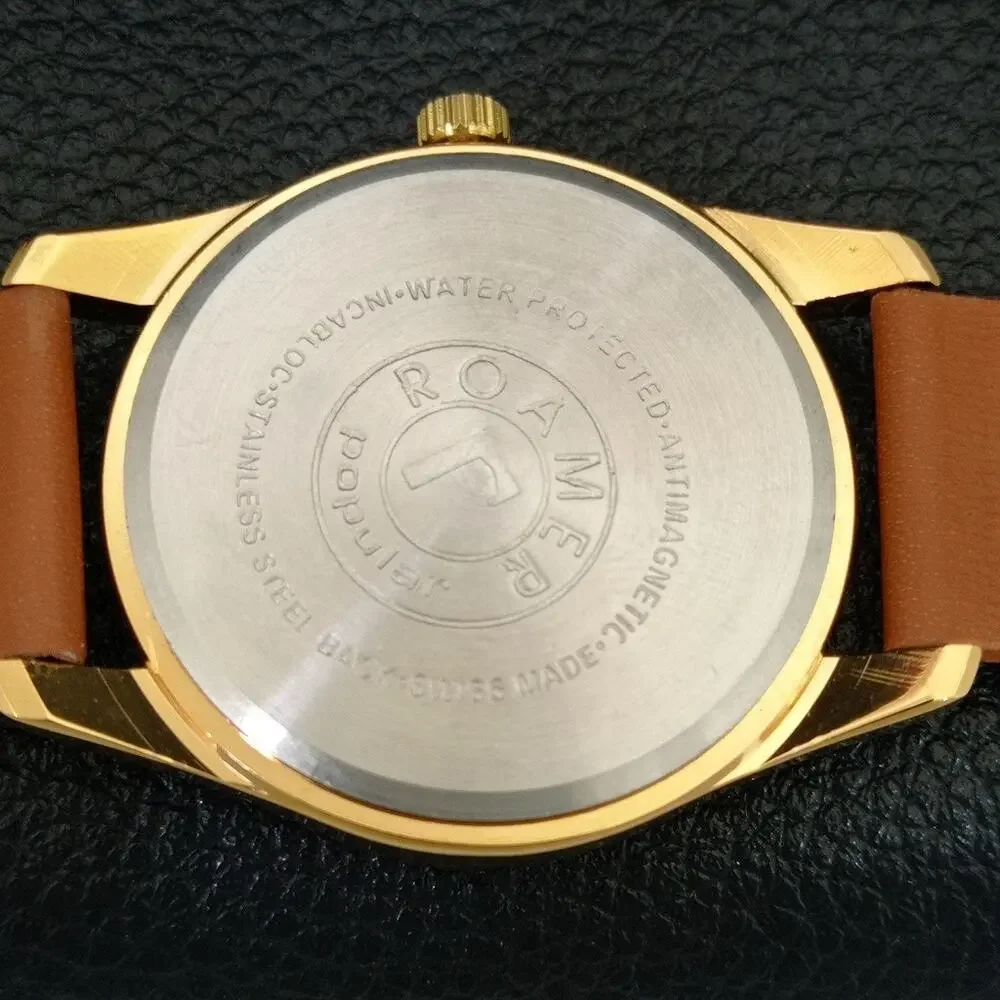 Vintage 1973 Roamer Manual Mens Gold Watch W/Leather Strap & Silver accents